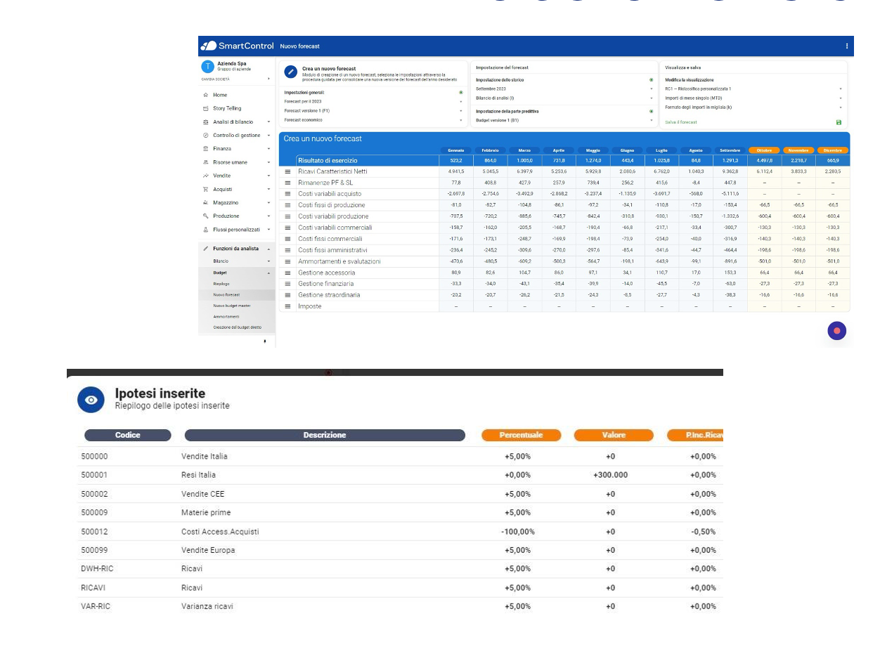 Budget e forecast a livello di voce contabile, screenshot della piattaforma